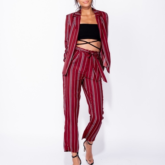 Parisian Works Pants - SALE! Burgundy Striped High Waist Straight Pants